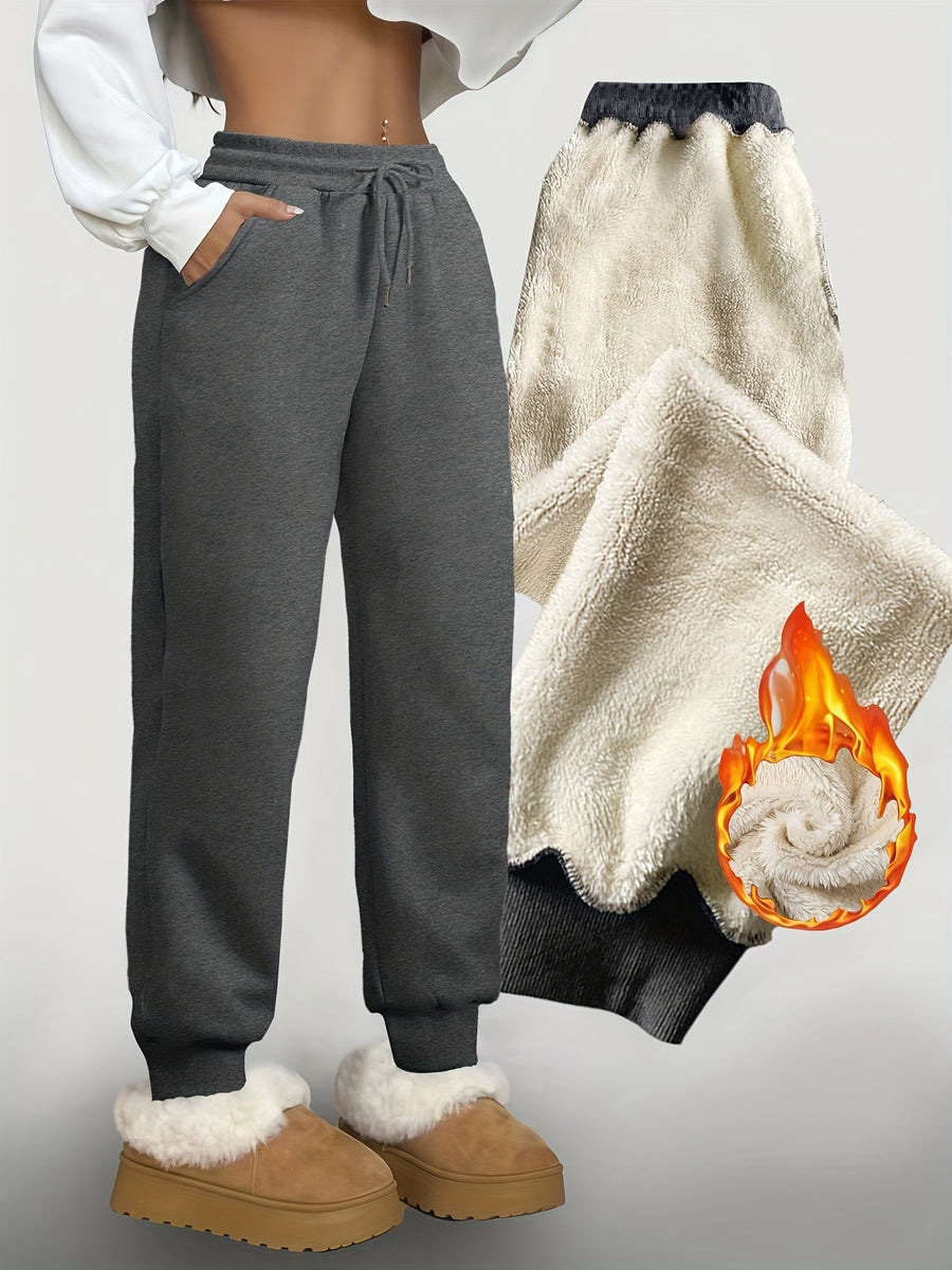 Fleecefodrade sweatpants för dam, enfärgade träningsbyxor med mudd