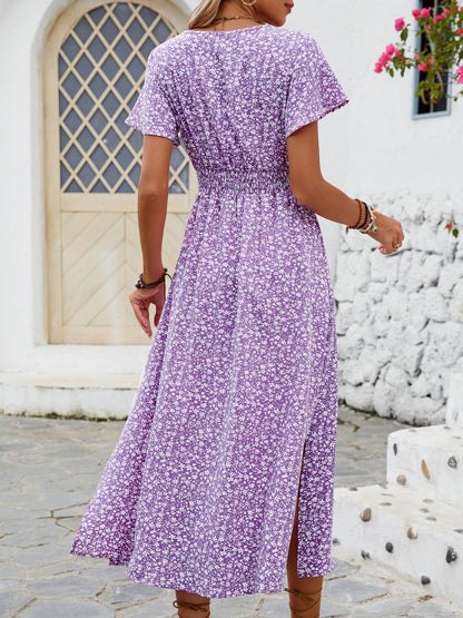 Damklänning Elegant V-ringad Blommig Sommarklänning med Kort Ärm och Slits