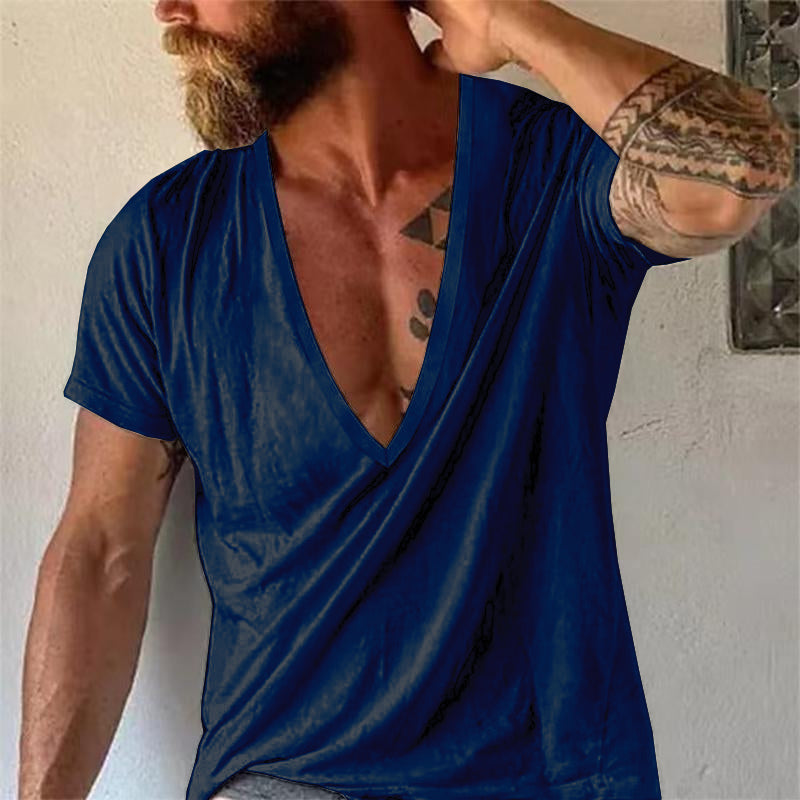 Herr T-shirt med djup V-ringning, avslappnad stil, kort ärm – Perfekt för vardag och sommar