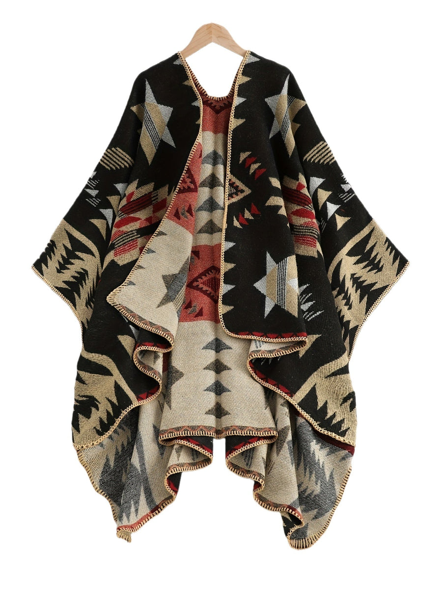 Women���s Geometric Open-Front Poncho Cape