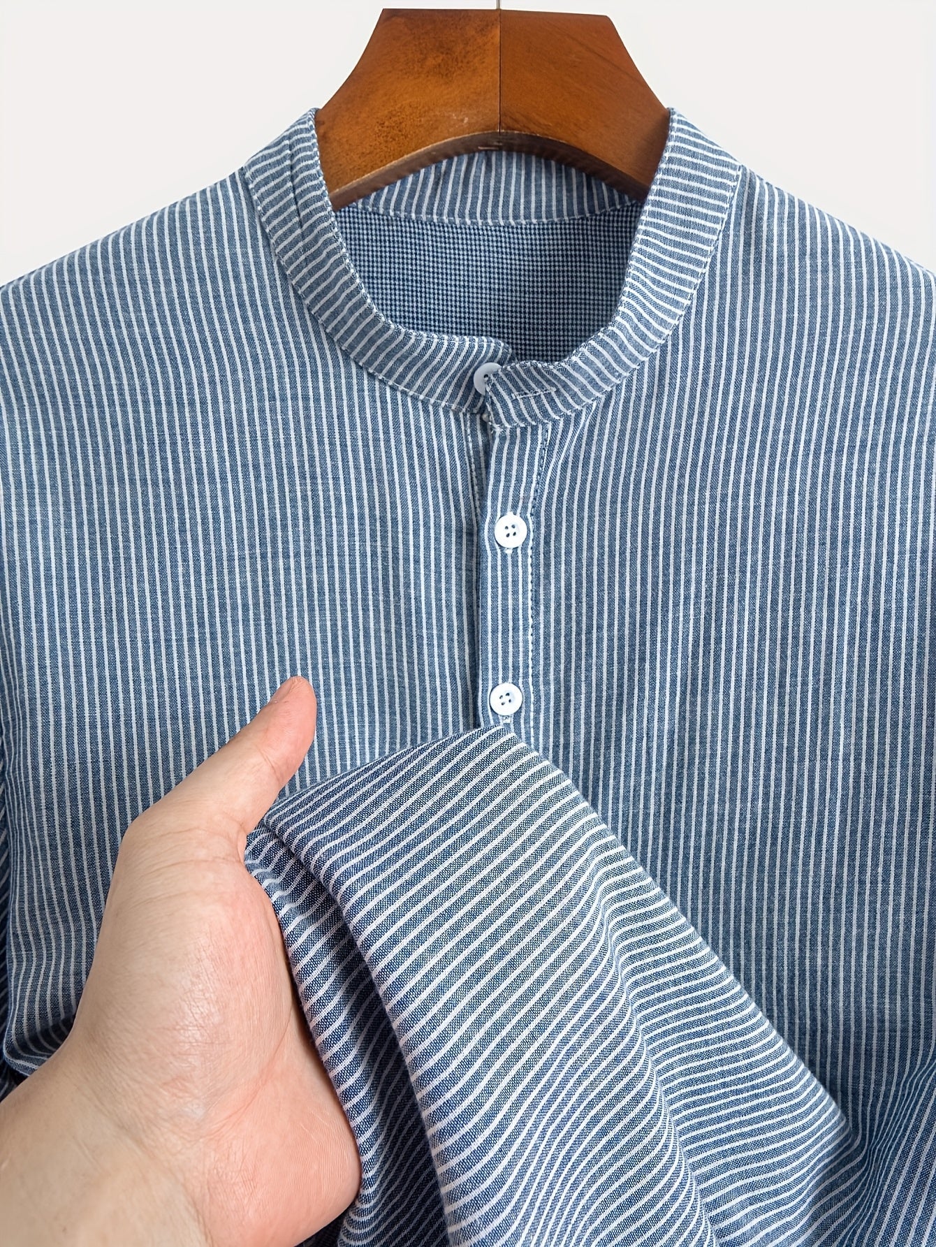 Herr Kortärmad Randig Henley Skjorta med Mandarin Krage – Modern Avslappnad Stil