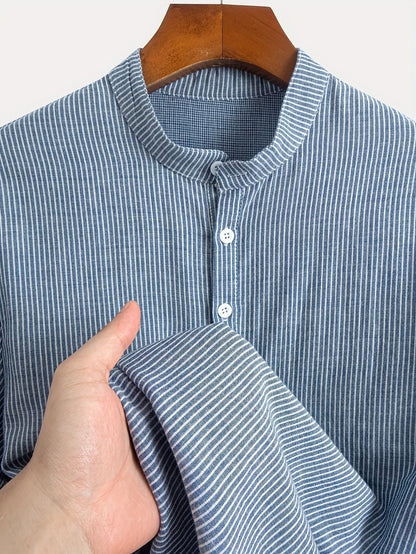 Herr Kortärmad Randig Henley Skjorta med Mandarin Krage – Modern Avslappnad Stil