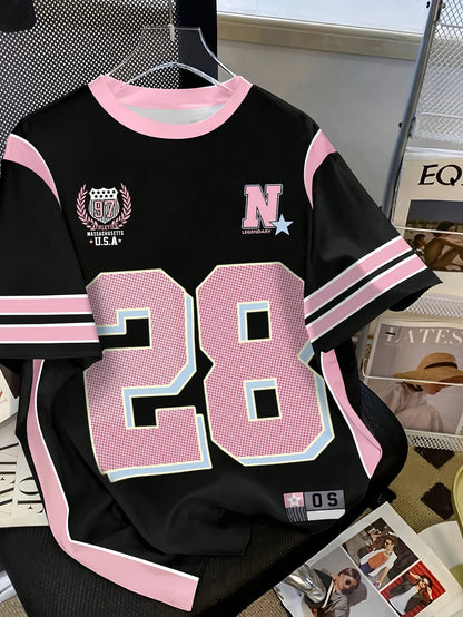 Dam Topp Preppy Sportig Jersey med Nummer 28 och Vintage Detaljer