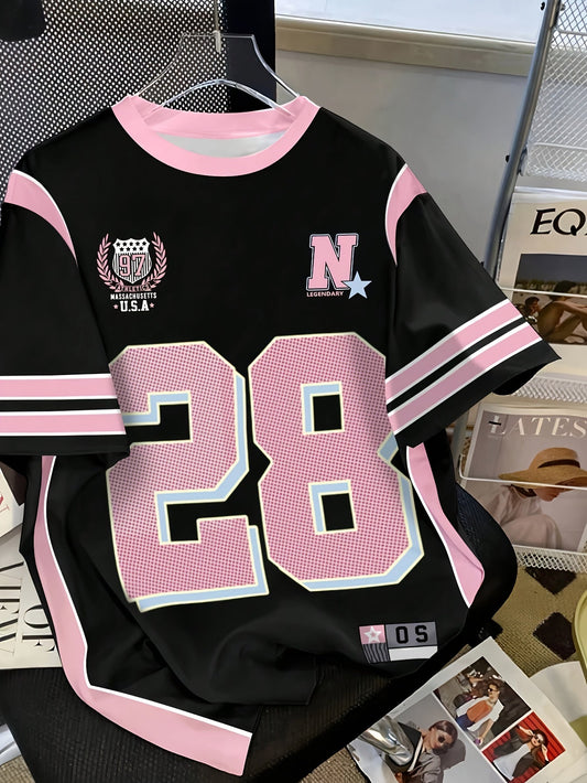 Dam Topp Preppy Sportig Jersey med Nummer 28 och Vintage Detaljer