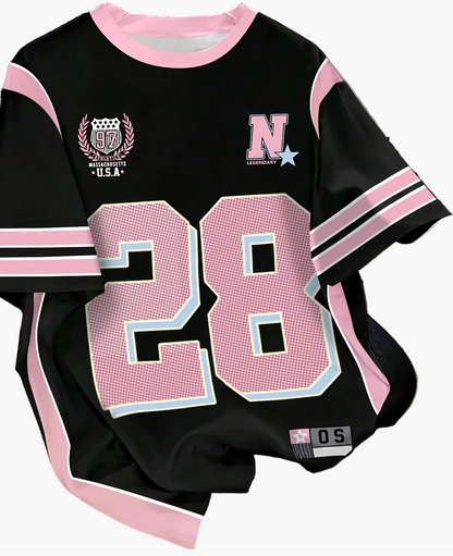 Dam Topp Preppy Sportig Jersey med Nummer 28 och Vintage Detaljer