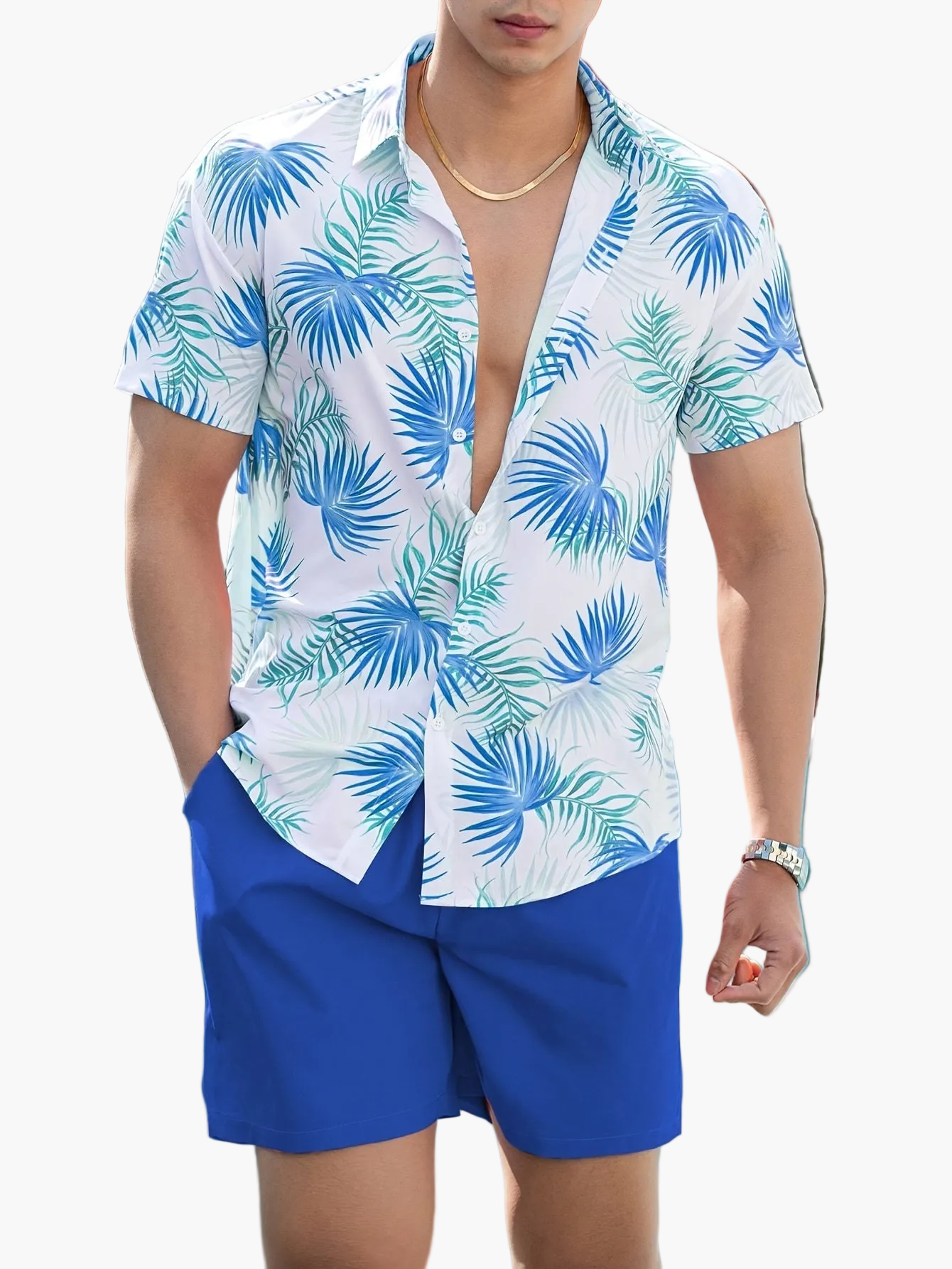 Herrset med kortärmad skjorta och shorts – trendigt semester- och strandmode