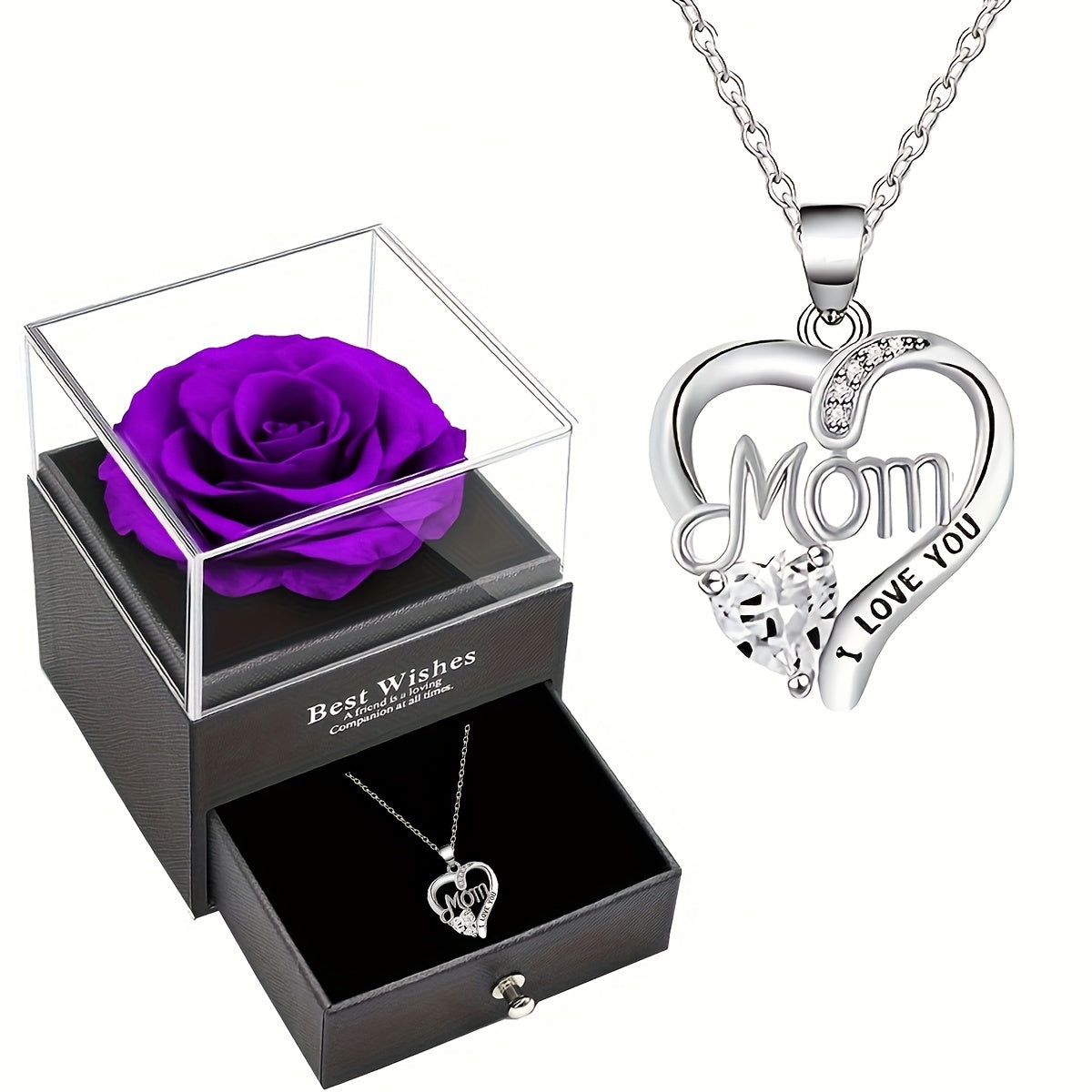 Smyckeset för Dam – Halsband med Hjärtformat 'Mom I Love You'-Hänge och Evighetsros i Presentask – Perfekt Gåva till Mamma