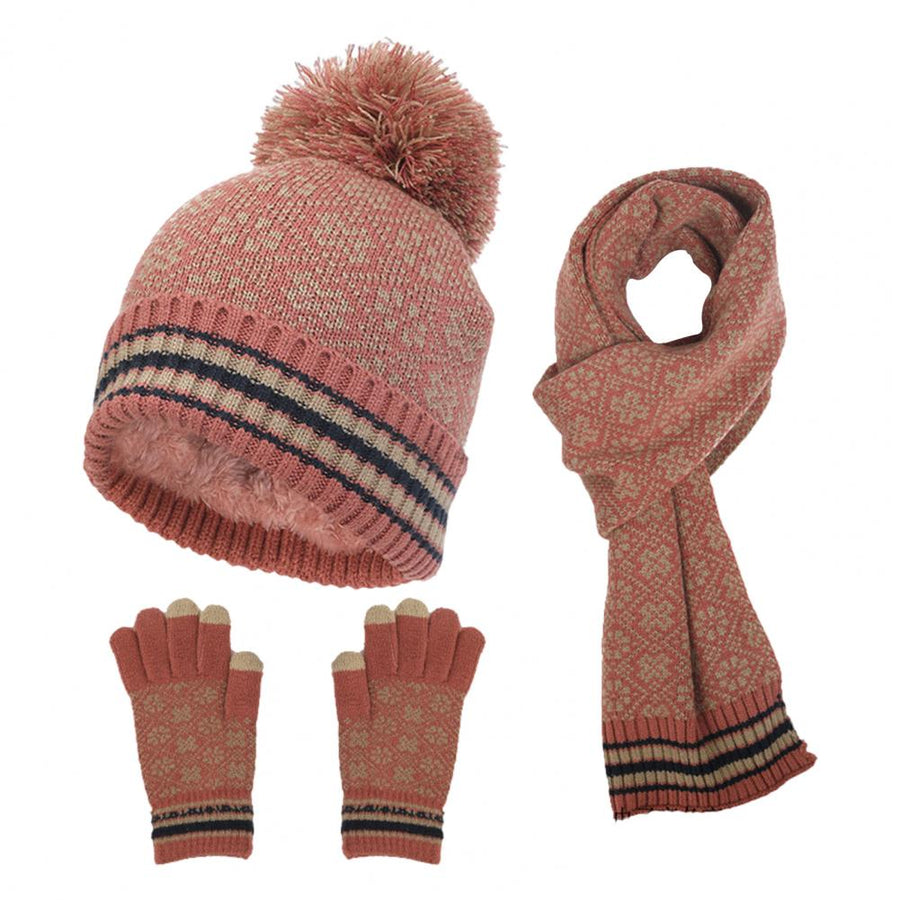 Unisex möss- halsduks- & handskset med pompom, beige, mönstrat stickat