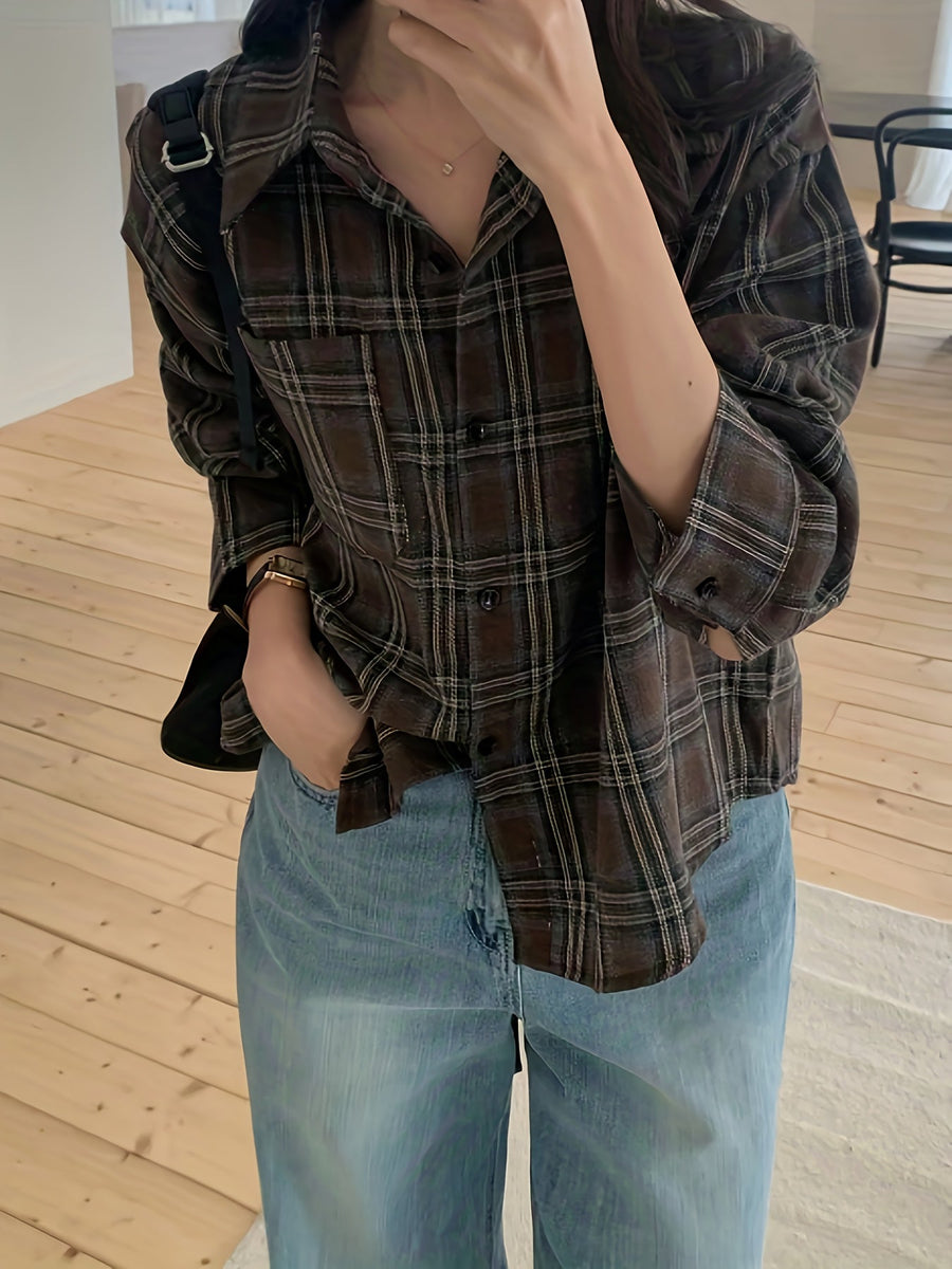 Rutig damaskjorta med lång ärm och bröstficka i lös passform