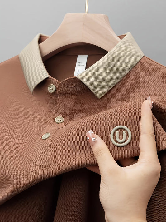 Herr Pikétröja Klassisk Casual med Kontrastkrage och Broderad Logotyp - Stilren för Vardag och Fritid