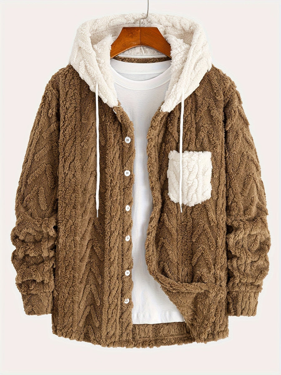 Hoodie i teddyfleece med knappar och ficka, fiskbensmönstrad