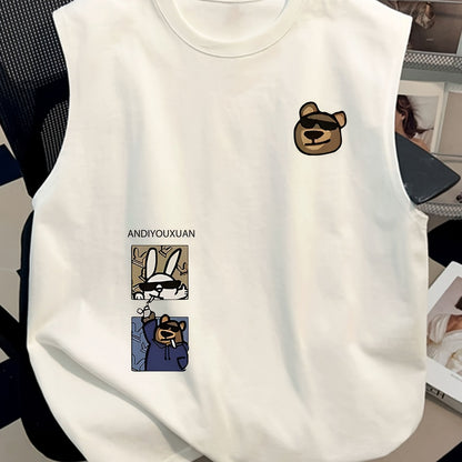 Herrarnas ärmlösa streetwear-topp med tecknad grafik och avslappnad stil