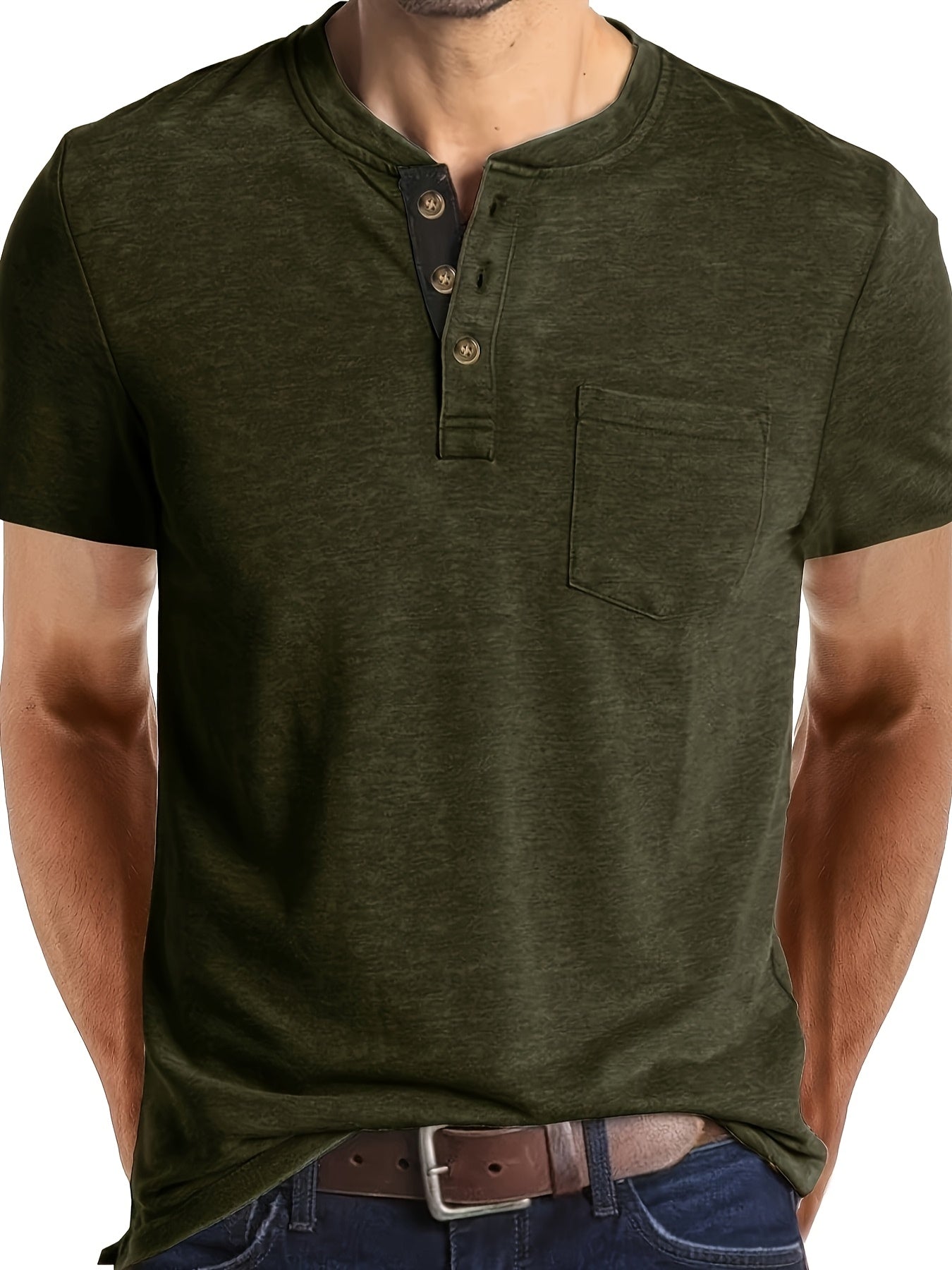 Herr T-shirt med knappslå och bröstficka – Casual stil för vardag och fritid