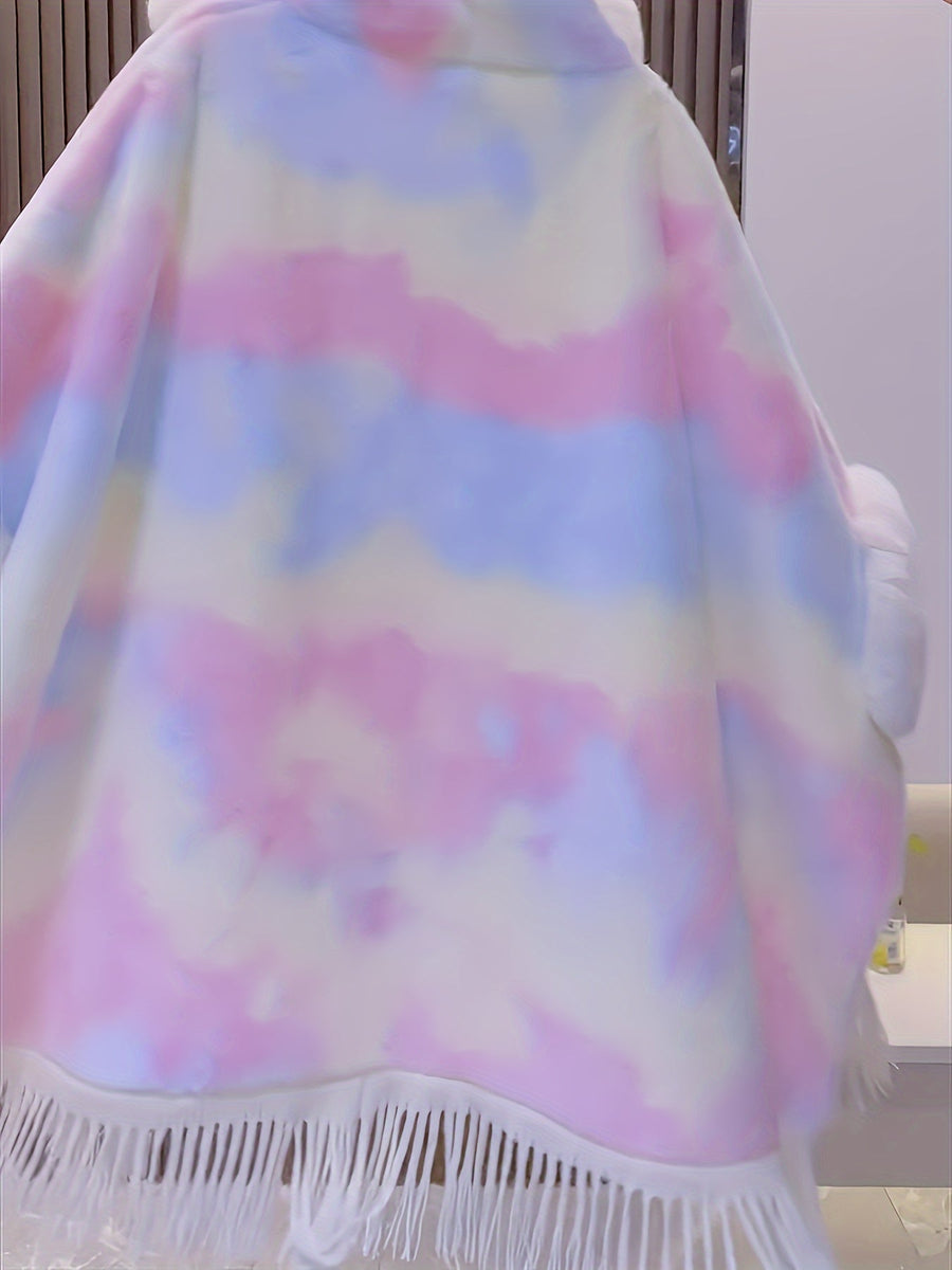 Regnbågsfärgad Fuskpäls Cape Poncho med Huva och Fransar