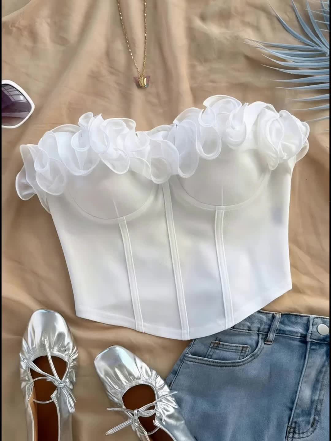 Dam Bustier Top Elegant Festtop med Volangdetaljer Off-Shoulder