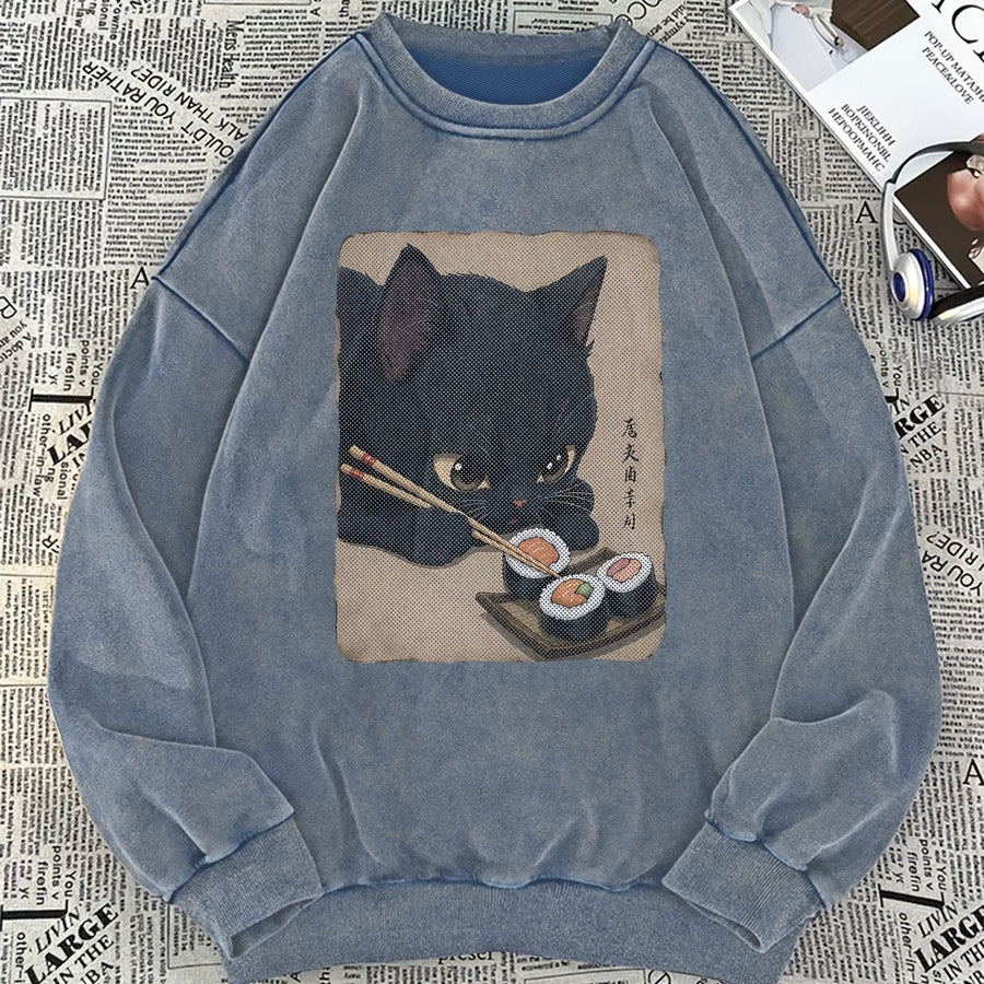 Unisex Tröja med Svart Kattmotiv som Äter Sushi, Långärmad Översize Sweatshirt