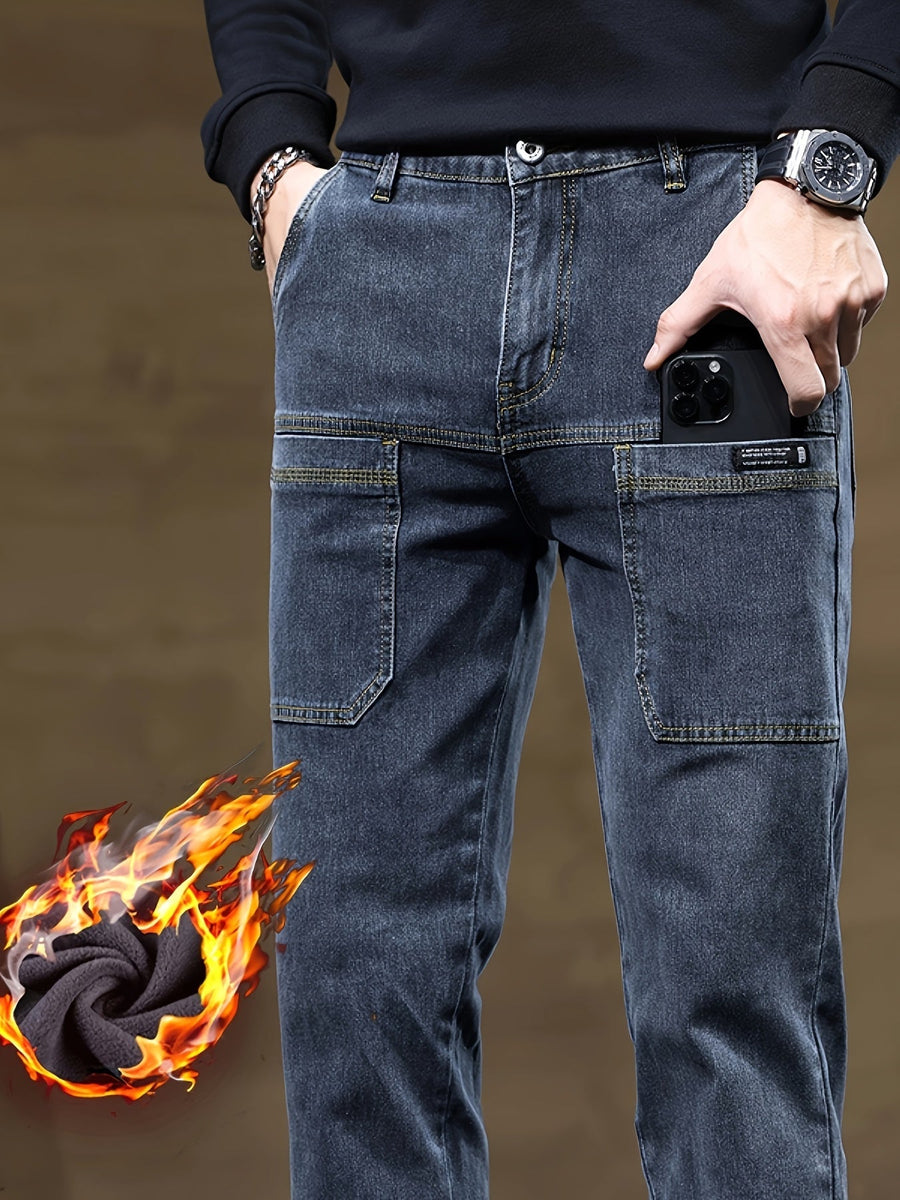 Herrjeans med fleecefoder svarta med raka ben och cargofickor