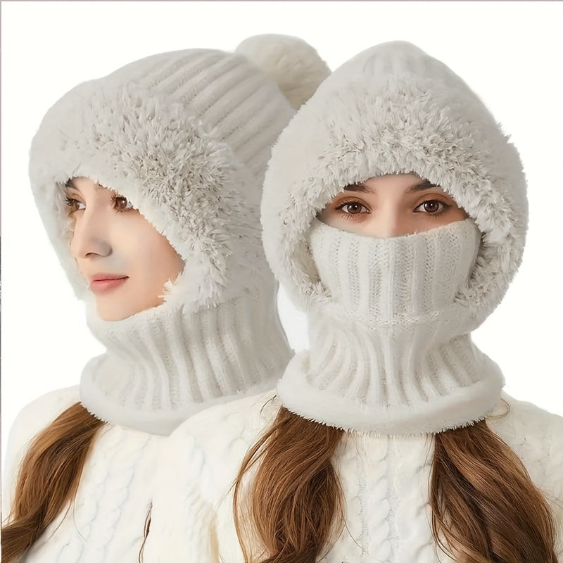 Stickad balaklava med foder i mjukt material och pompom - vintermössa med halsvärmare