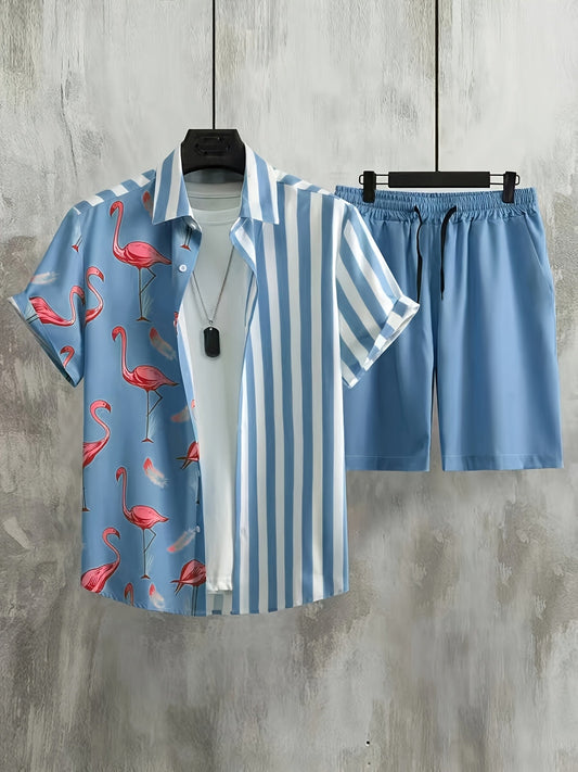 Herrset – Somrig kortärmad skjorta med flamingomönster och randigt, avslappnade shorts, perfekt för semester och fritid