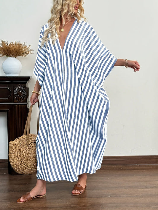 Dam Kaftan Maxiklänning med Resortstil och Lediga Ränder – Perfekt för Strand och Semester