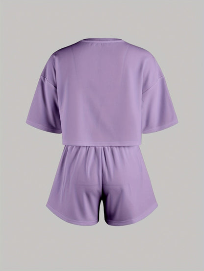 Dam Pyjamaset med Tryckta Hjärtan – Kortärmad Topp och Shorts, Perfekt för Hemma och Sovrum
