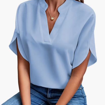 Dam Blus Vardags Elegant V-ringad Kortärmad Top – Perfekt för Sommar och Fritid