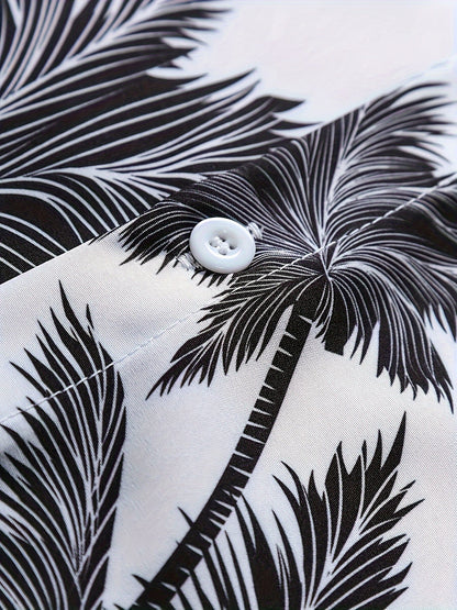 Herrset – Somrig semesterlook med palmtryck, kortärmad skjorta och shorts, avslappnad stil för fritid och strand