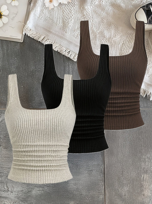 Damers ribbstickad cropped linne – trendig vardagstopp med fyrkantig hals