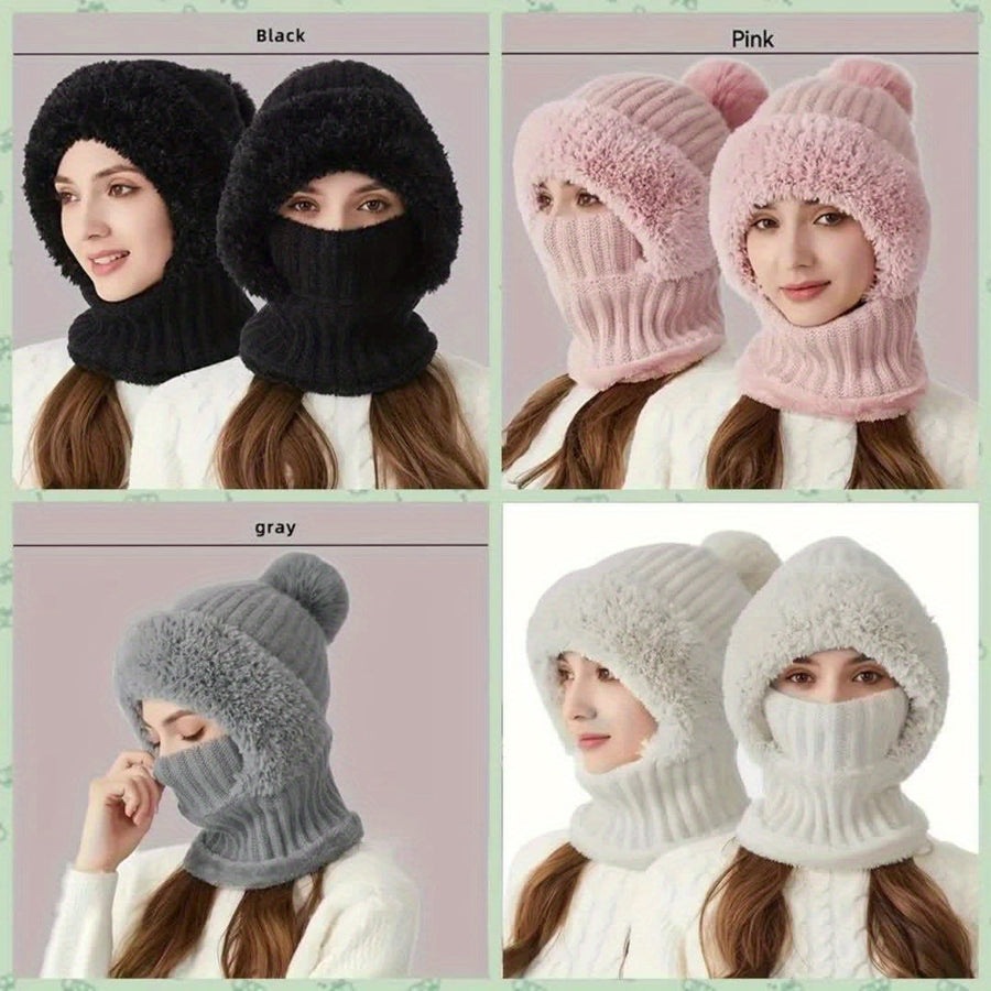 Stickad balaklava med foder i mjukt material och pompom - vintermössa med halsvärmare