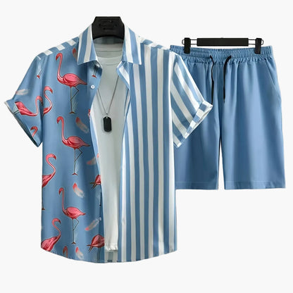Herrset – Somrig kortärmad skjorta med flamingomönster och randigt, avslappnade shorts, perfekt för semester och fritid