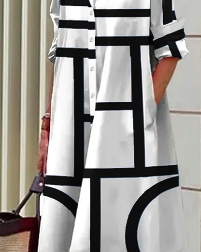 Dam Skjortklänning med Geometriskt Mönster och Fickor, Avslappnad och Elegant Vardagsstil