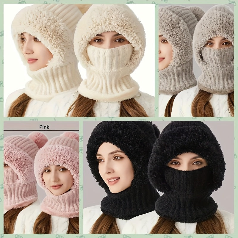 Stickad balaklava med foder i mjukt material och pompom - vintermössa med halsvärmare