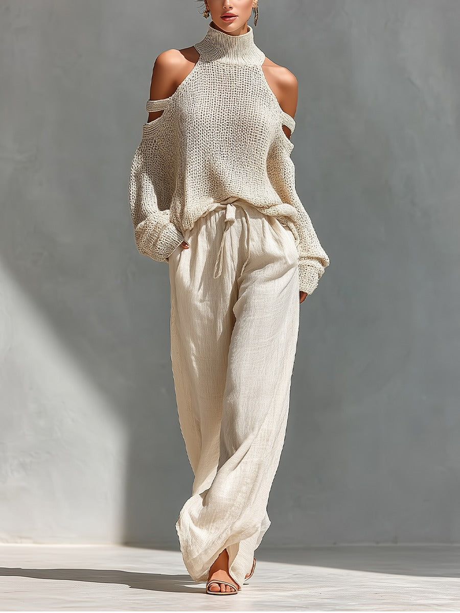 Dam Ribbad Tröja med Öppna Axlar & Vida Byxor Set - Beige