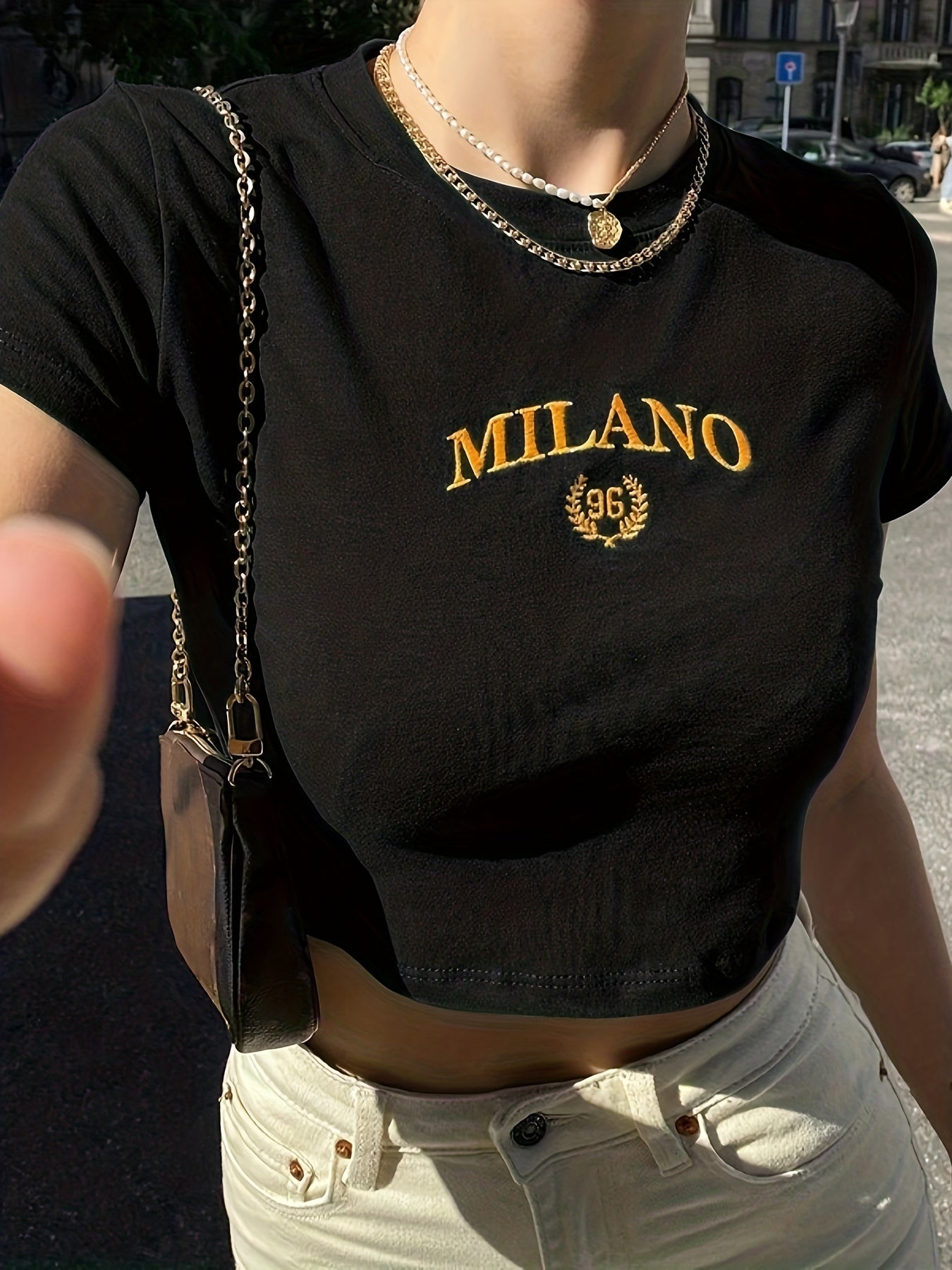 Dam T-shirt Cropped Milano Broderad Trendig Sommar Y2K