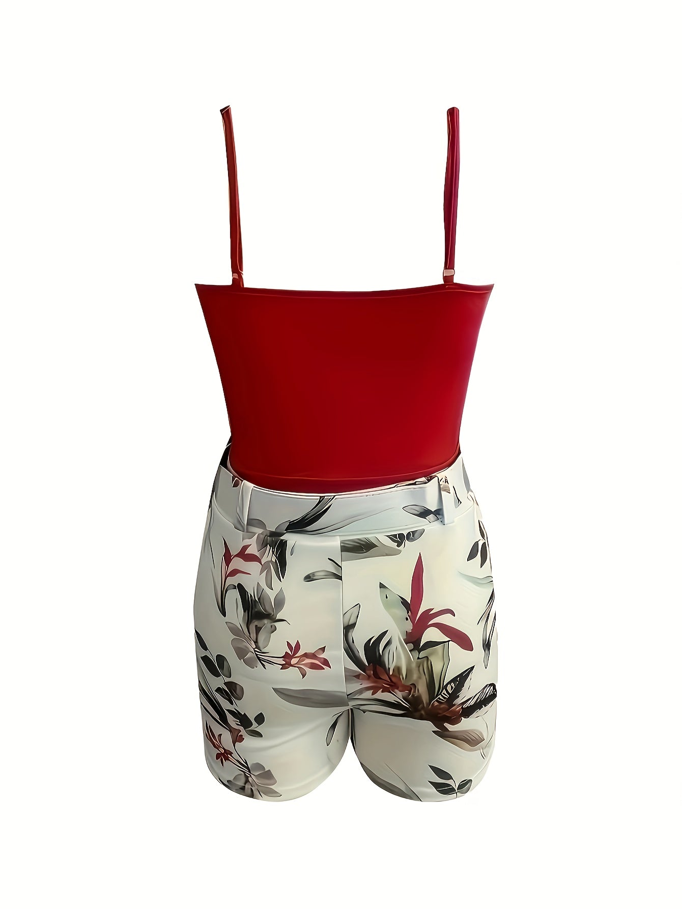 Damset med djup urringning och blommiga höga shorts – somrig och trendig outfit för vardag och semester