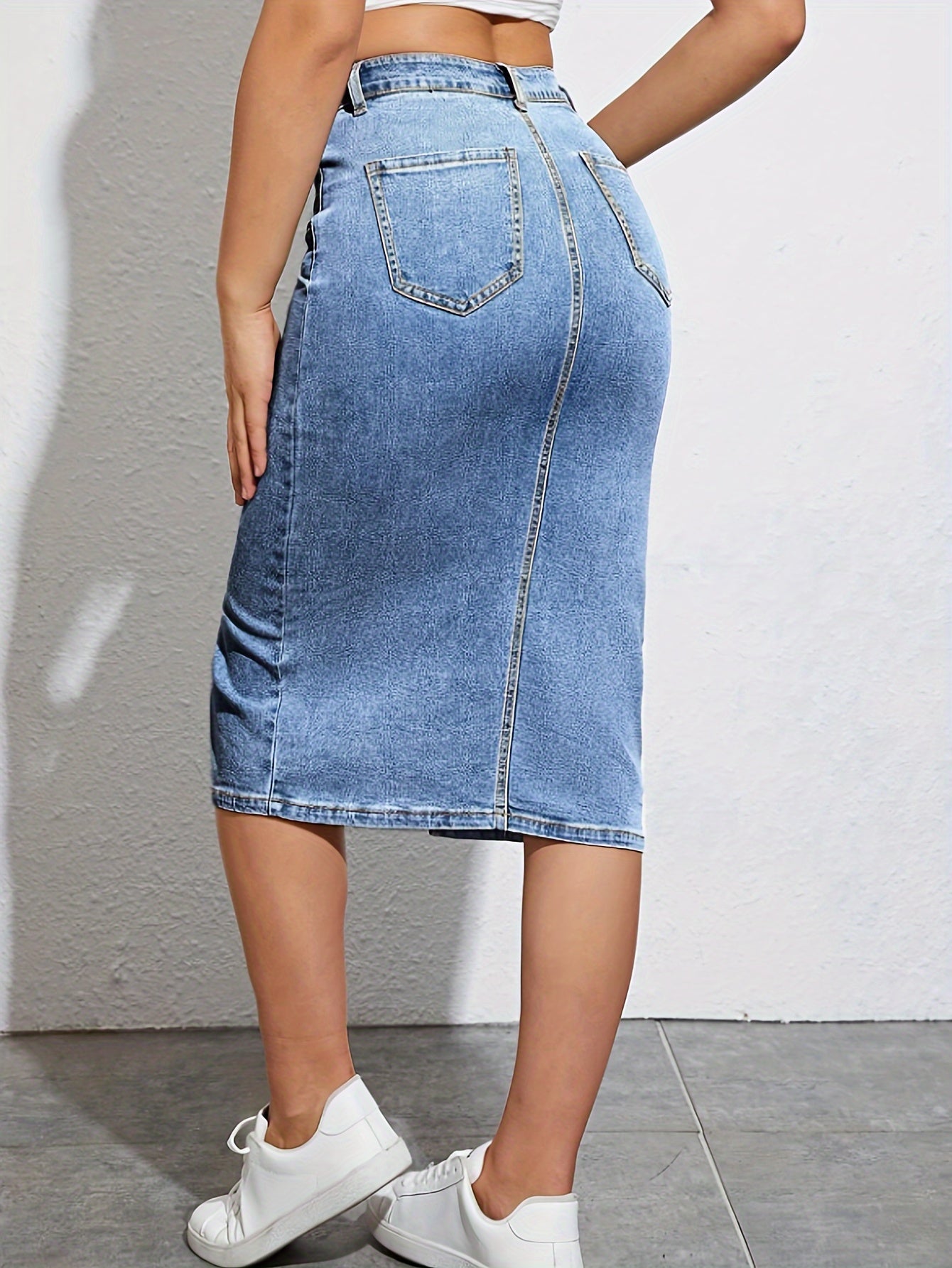 Dam Kjol Midi Slits Casual Denim Look Perfekt för Vardag och Sommar