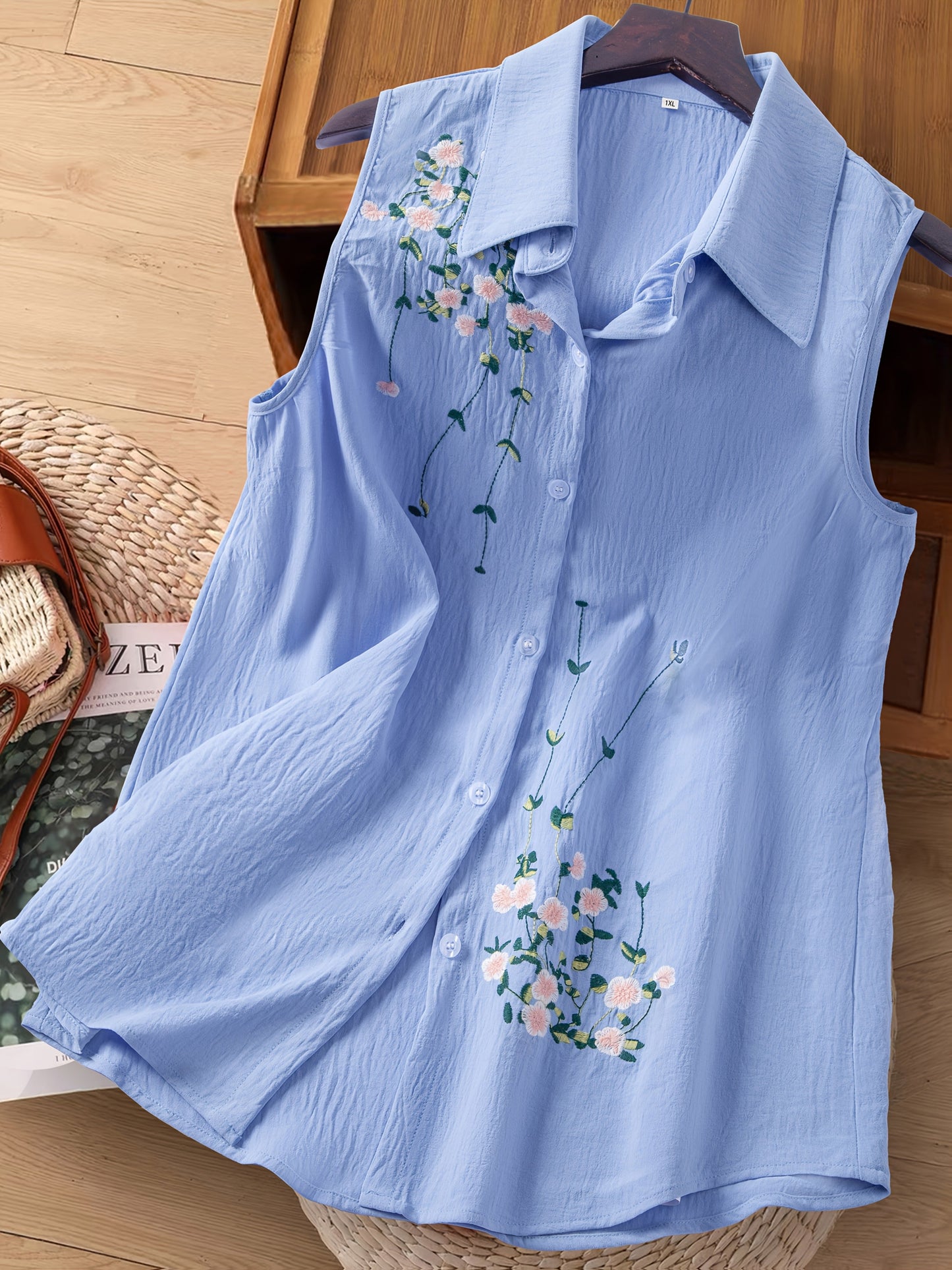 Dam Ärmlös Elegant Blus med Broderade Blommor – Perfekt För Vardag och Kontor