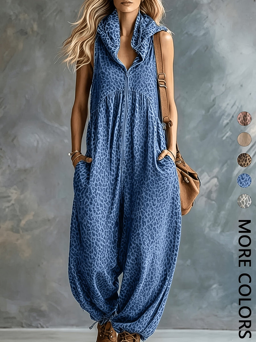 Leopardmönstrad damjumpsuit med huva och dragkedja, ärmlös