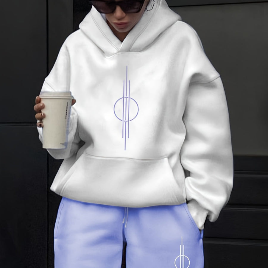 Vit Hoodie och Mjukisbyxor Set med Geometriskt Tryck