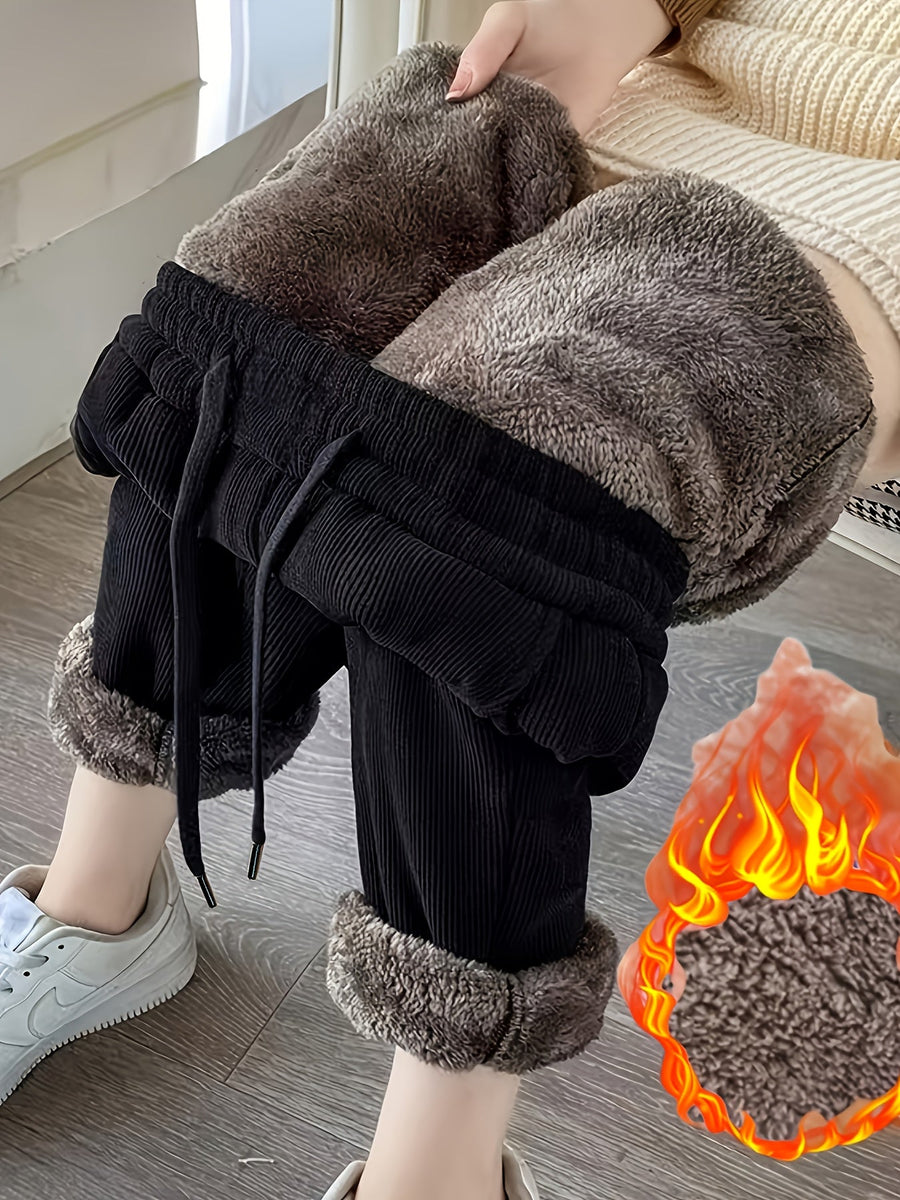 Svarta manchesterbyxor med foder, unisex, med muddar och dragsko