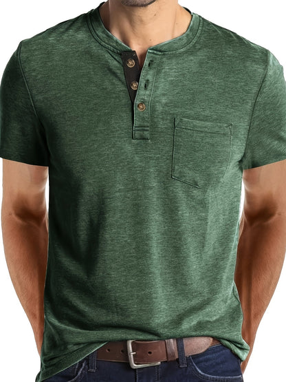 Herr T-shirt med knappslå och bröstficka – Casual stil för vardag och fritid