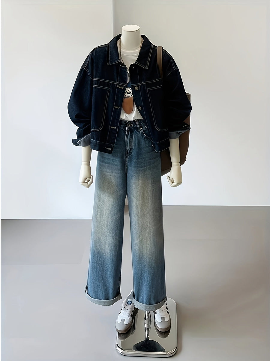 Dam denimjacka, mörkblå med klassisk krage och fickor