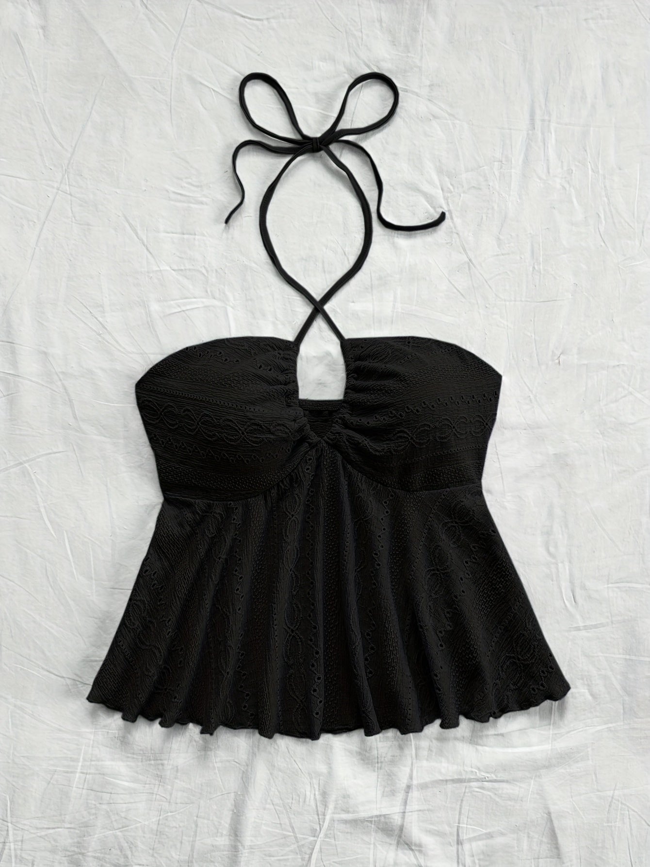Dam Halterneck Sommartopp med Broderade Detaljer – Romantisk Babydoll Stil