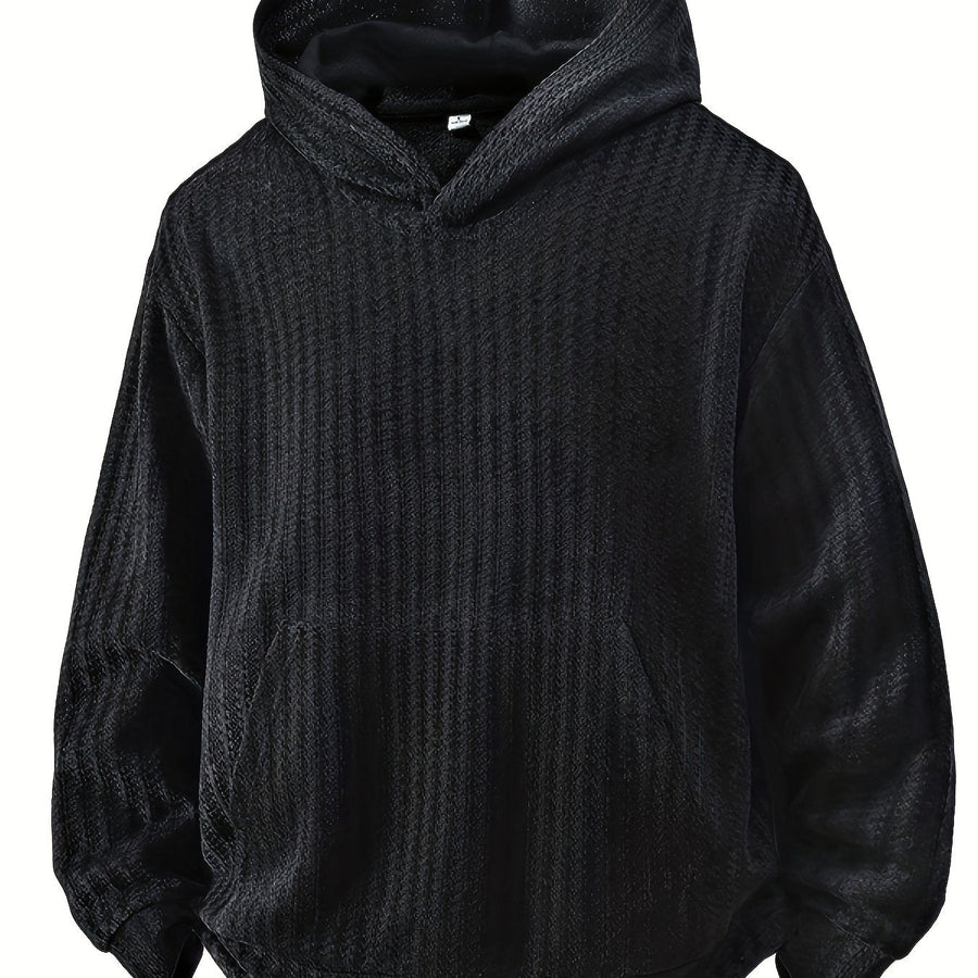 Hoodie med huva och känguruficka, ribbad textur