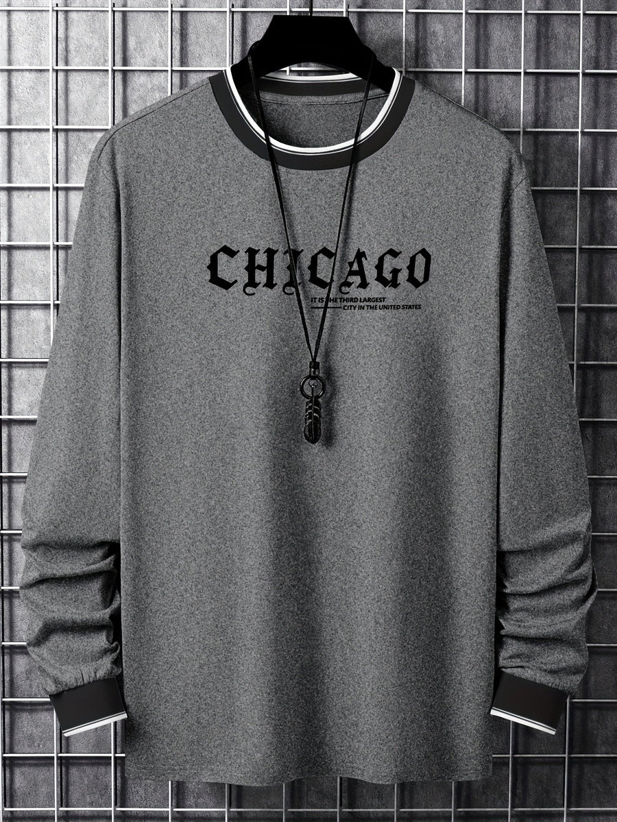 Tröja med lång ärm och Chicago-tryck, rund halsringning, randiga detaljer