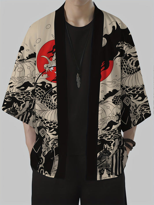 Herr Kimono Streetwear med Japansk Drakmönster – Öppen Kortärmad Casual Jacka