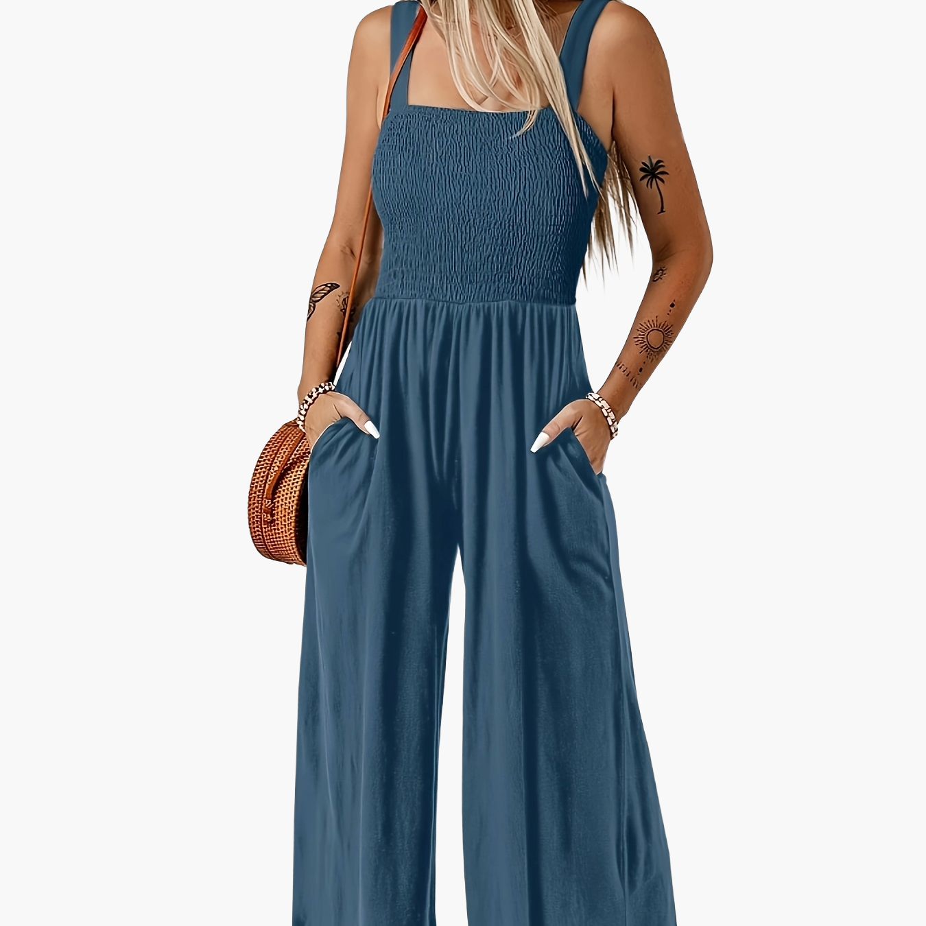 Dam Jumpsuit Elegant Smockad Byst Vid Ben Vardags- och Sommarstil