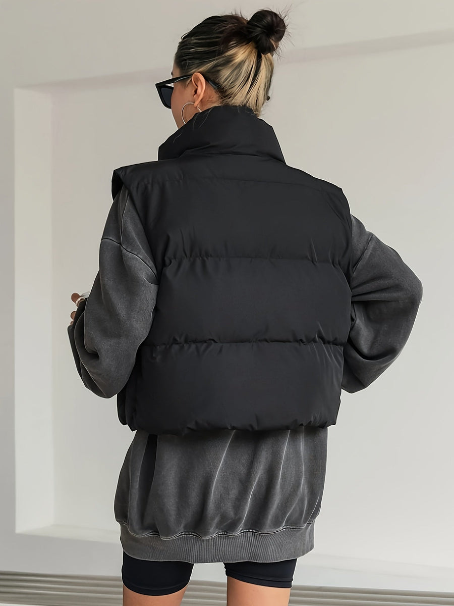 Kort Puffer Väst med Hög Krage för Dam, Beige