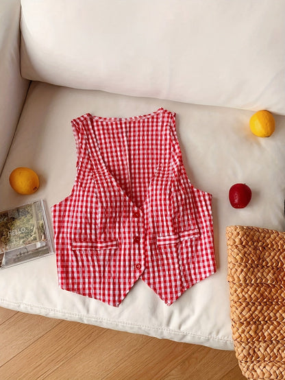 Damväst i elegant rutigt mönster, ärmlös för vår och sommar, stilren och trendig
