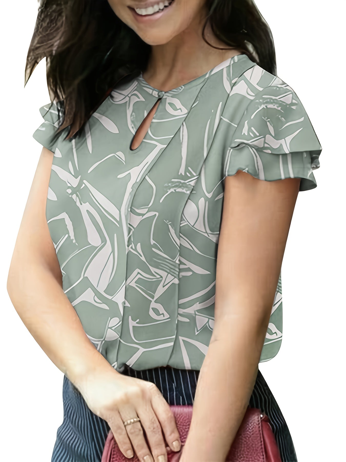 Dam Elegant Blus för Kontor och Fritid med Volangärm och Nyckelhålsdetalj